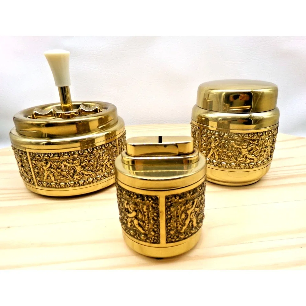 Erhard & Sohne Germany Brass Smokers Set Ashtray Lighter Cigarette Dispenser Vtg